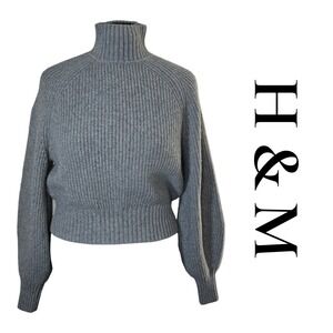 H&M Gray Ribbed Turtleneck Wool Blend Balloon Sleeve Cropped Sweater XS 09428402
